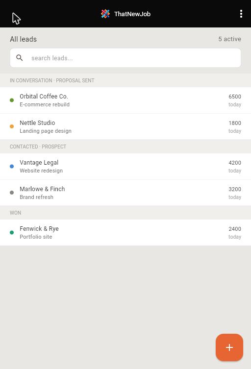 ThatNewJob mobile list view showing the same leads grouped by pipeline stage