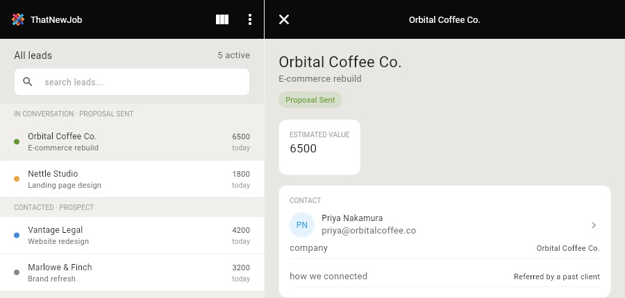 ThatNewJob split-view layout on a mid-width screen, showing the lead list and lead detail side by side