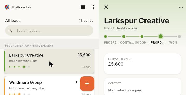 ThatNewJob split-view layout on an unfolded foldable phone, showing the lead list and full detail side by side