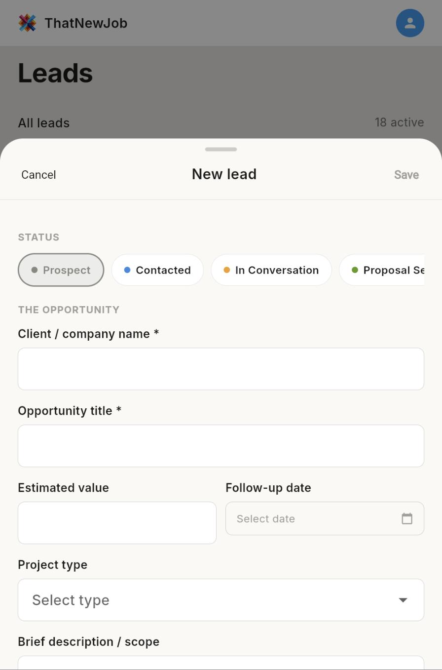 ThatNewJob add-a-lead sheet on mobile