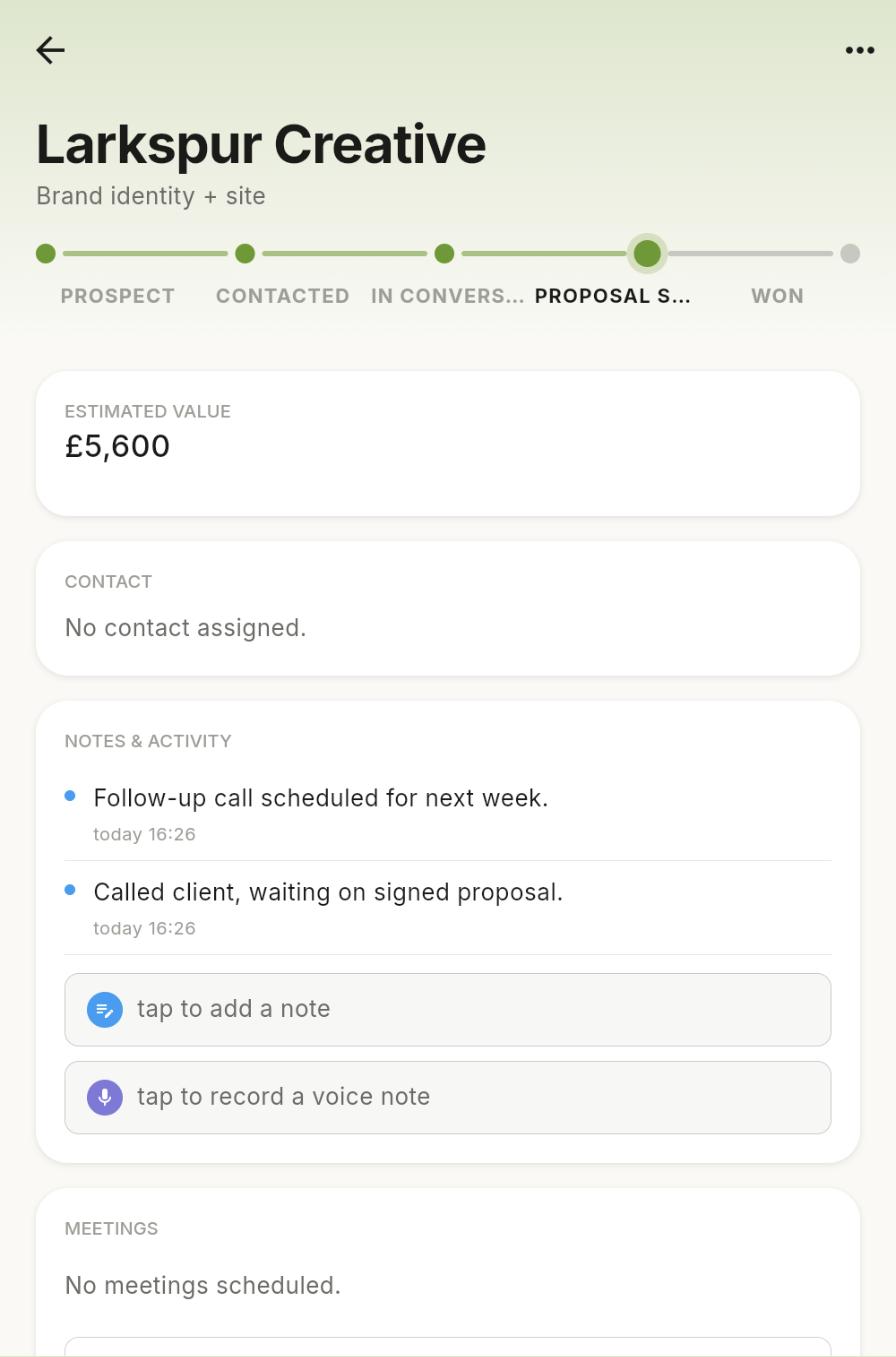 ThatNewJob mobile lead detail screen with a status-colour hero header and contact details