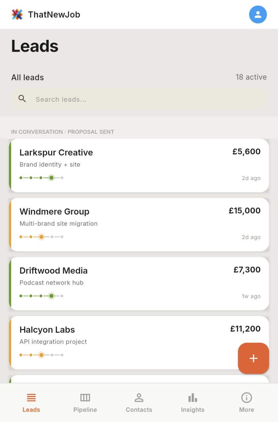 ThatNewJob mobile leads list, colour-coded by pipeline stage, with the bottom tab bar visible