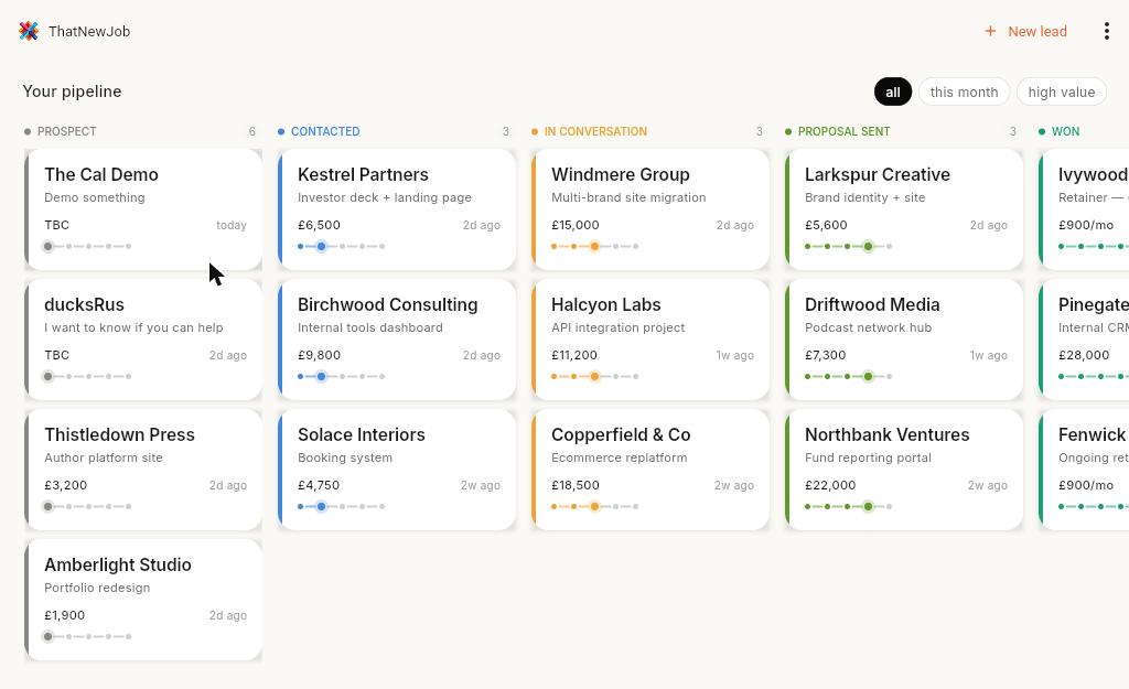 ThatNewJob kanban pipeline board on tablet
