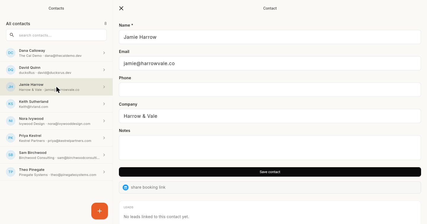 ThatNewJob contacts list and detail side by side at desktop width