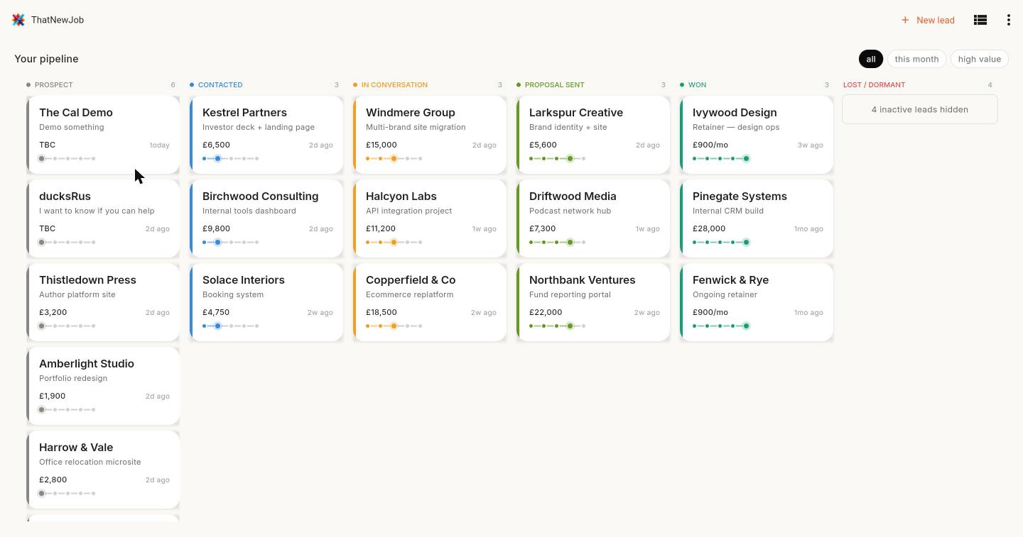 ThatNewJob kanban pipeline board at desktop width, showing five active stages plus a lost/dormant column